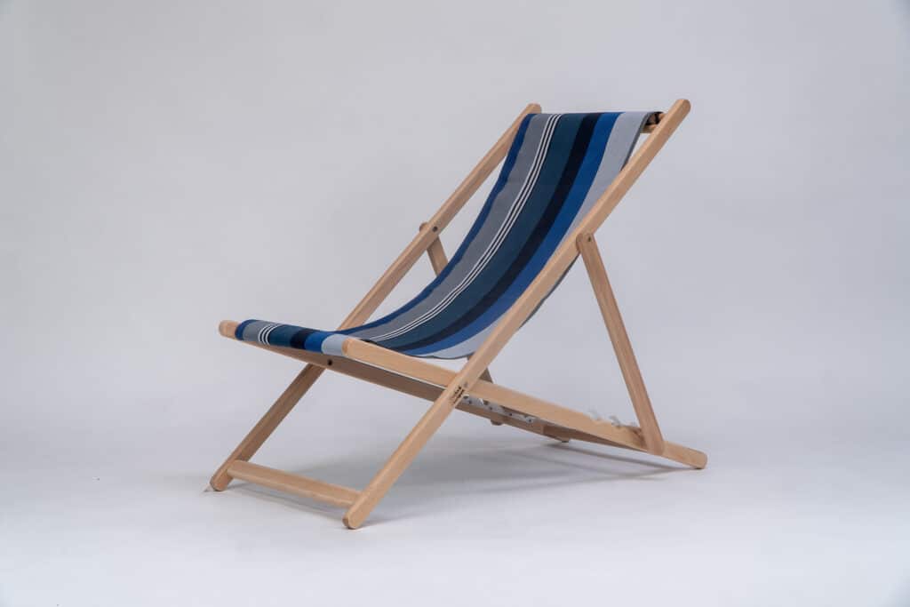 Beechwood Deckchair with Miramar fabric, navy, blue black and white stripes, viewed from angle - created by Decks and Stipes Ireland