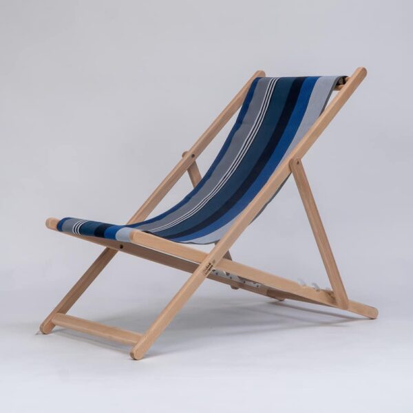 Beechwood Deckchair with Miramar fabric, navy, blue black and white stripes, viewed from angle - created by Decks and Stipes Ireland