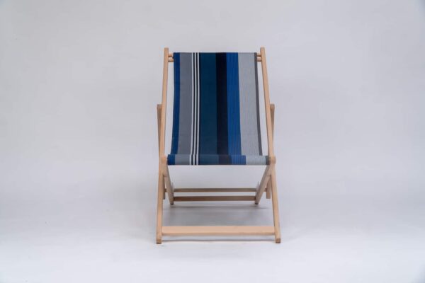 Beechwood Deckchair with Miramar fabric, navy, blue black and white stripes, viewed from the front - created by Decks and Stipes Ireland