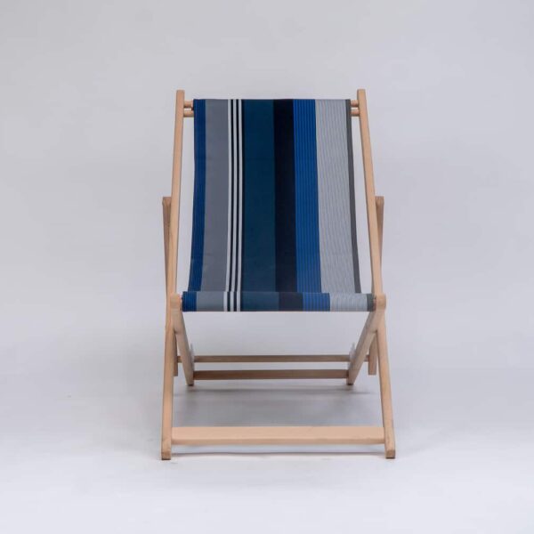 Beechwood Deckchair with Miramar fabric, navy, blue black and white stripes, viewed from the front - created by Decks and Stipes Ireland