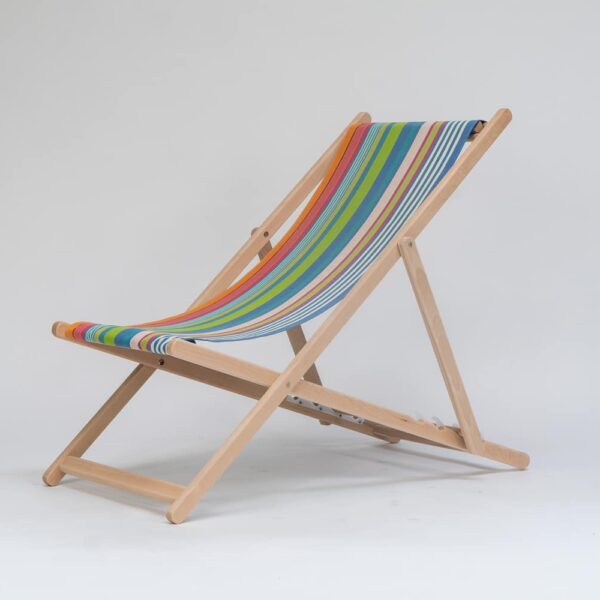 Beechwood Deckchair with Orienteering fabric, green, blue, pink, plum, white and terracotta stripes, viewed from an angle - created by Decks and Stipes Ireland