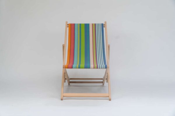 Beechwood Deckchair with Orienteering fabric, green, blue, pink, plum, white and terracotta stripes, viewed from the front - created by Decks and Stipes Ireland