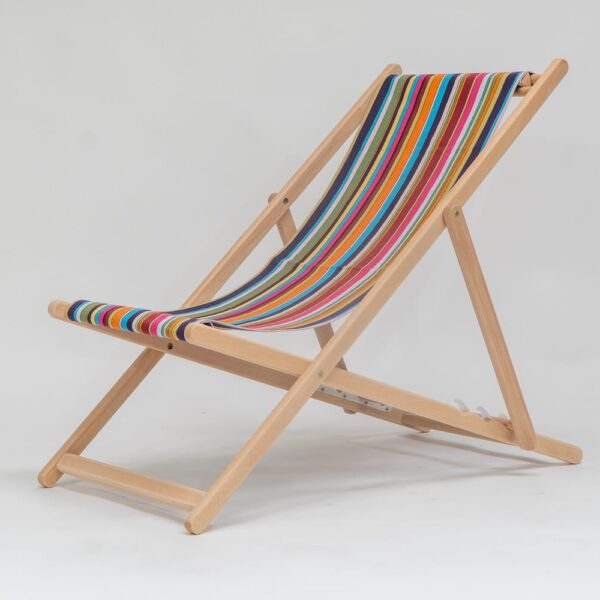 Beechwood Deckchair with Paintballing fabric, blue, green, orange, yellow pink and red stripes, viewed from an angle - created by Decks and Stipes Ireland