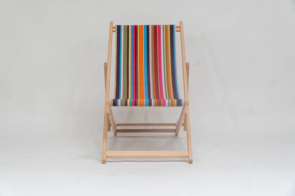 Beechwood Deckchair with Paintballing fabric, blue, green, orange, yellow pink and red stripes, viewed from the front - created by Decks and Stipes Ireland