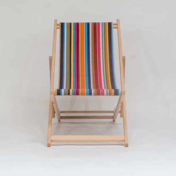 Beechwood Deckchair with Paintballing fabric, blue, green, orange, yellow pink and red stripes, viewed from the front - created by Decks and Stipes Ireland