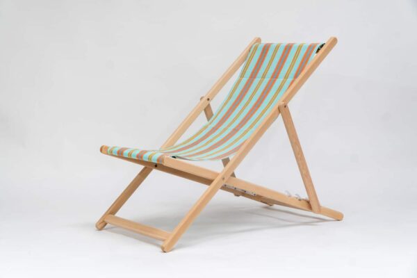 Beechwood Deckchair with Petanque fabric, turquoise, terracotta, blue, lime and green stripes, viewed from an angle - created by Decks and Stipes Ireland