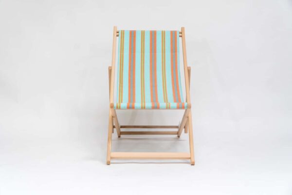 Beechwood Deckchair with Petanque fabric, turquoise, terracotta, blue, lime and green stripes, viewed from the front - created by Decks and Stipes Ireland