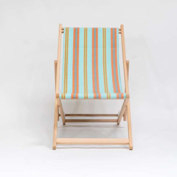 Beechwood Deckchair with Petanque fabric, turquoise, terracotta, blue, lime and green stripes, viewed from the front - created by Decks and Stipes Ireland