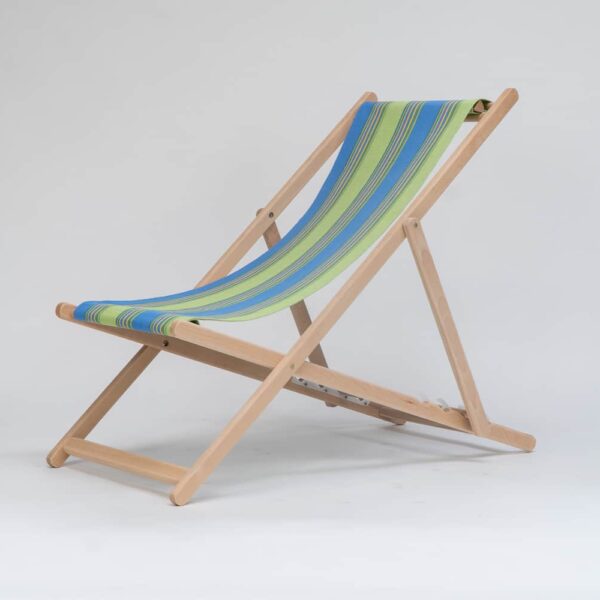 Beechwood Deckchair with Pickleball fabric, sky blue, lime, yellow, jade, terracotta and charcoal stripes, viewed from an angle - created by Decks and Stipes Ireland