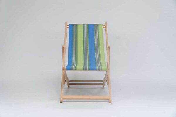 Beechwood Deckchair with Pickleball fabric, sky blue, lime, yellow, jade, terracotta and charcoal stripes, viewed from the front - created by Decks and Stipes Ireland