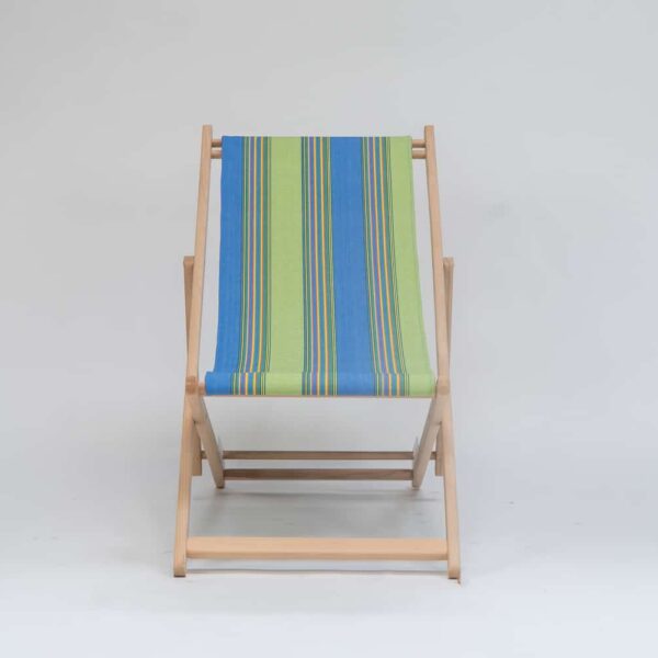 Beechwood Deckchair with Pickleball fabric, sky blue, lime, yellow, jade, terracotta and charcoal stripes, viewed from the front - created by Decks and Stipes Ireland