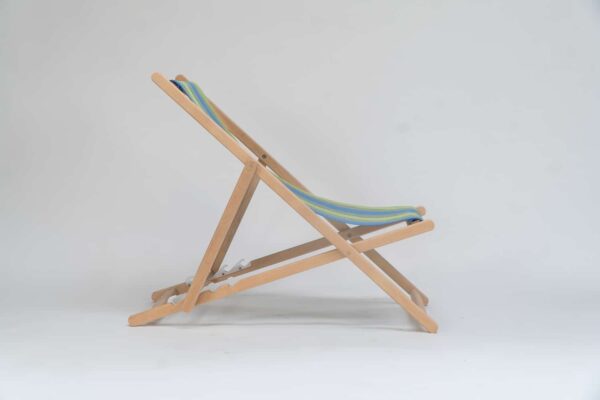 Beechwood Deckchair with Pickleball fabric, sky blue, lime, yellow, jade, terracotta and charcoal stripes, viewed from the side created by Decks and Stipes Ireland