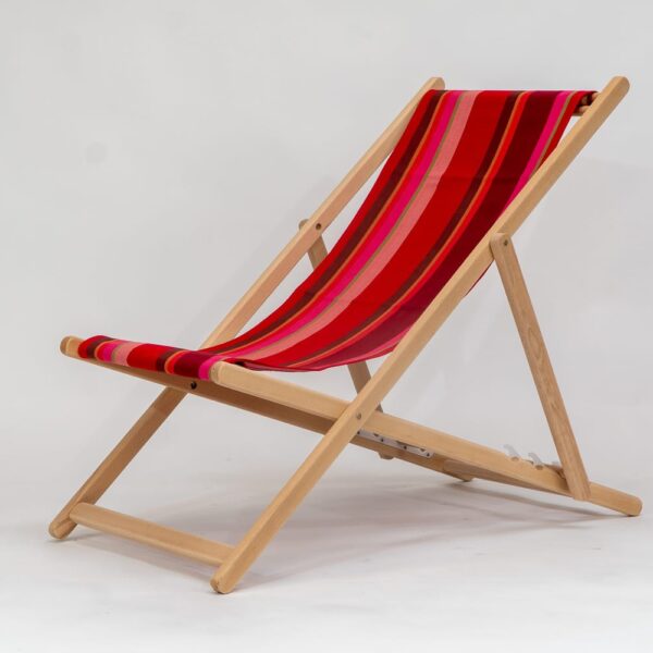 Beechwood Deckchair with Ping Pong fabric, red, pink and green stripes, viewed from an angle - created by Decks and Stipes Ireland