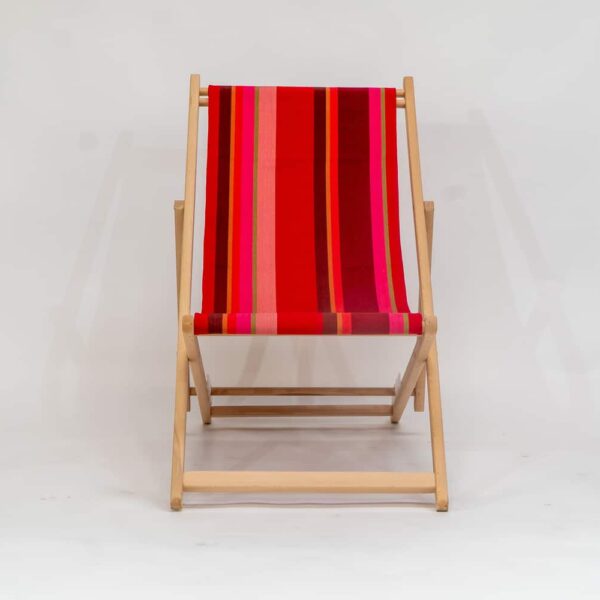 Beechwood Deckchair with Ping Pong fabric, red, pink and green stripes, viewed from the front - created by Decks and Stipes Ireland