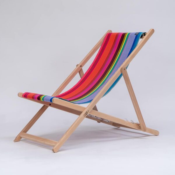 Beechwood Deckchair with Saint-Jean Surfing fabric, purple, green, blue, navy, yellow and orange stripes, viewed from an angle - created by Decks and Stipes Ireland