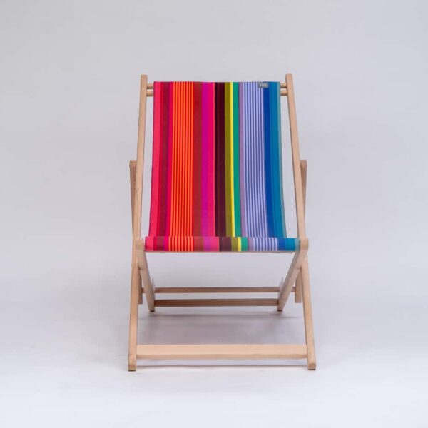 Beechwood Deckchair with Saint-Jean Surfing fabric, purple, green, blue, navy, yellow and orange stripes, viewed from the front - created by Decks and Stipes Ireland