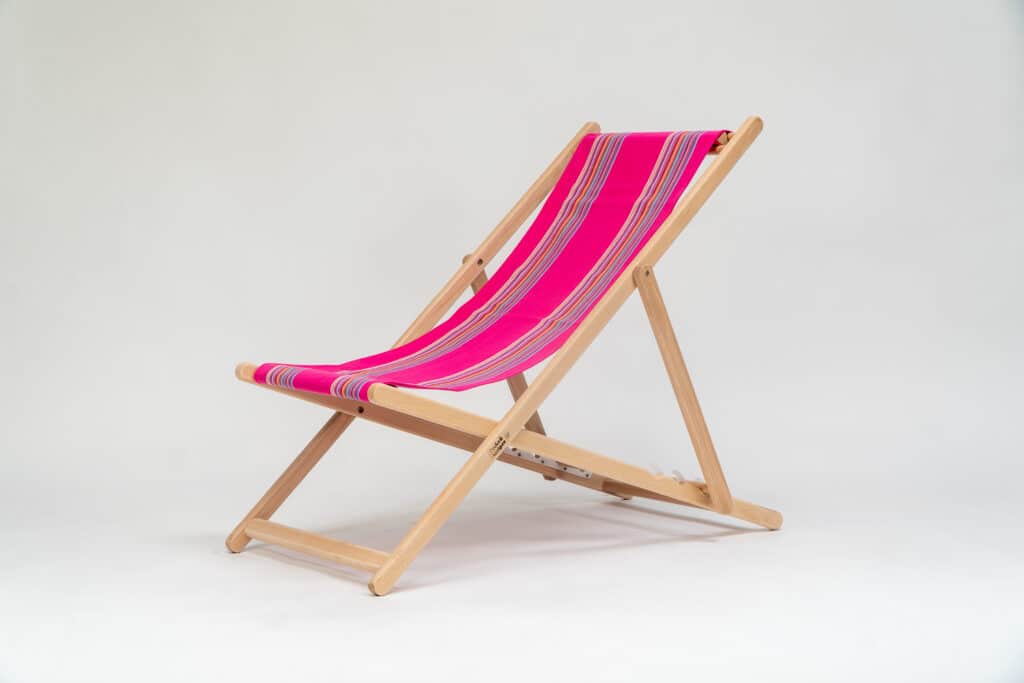 Beechwood Deckchair with Scuba fabric, pink, purple, lavender, blue, grey and orange stripes, viewed from an angle - created by Decks and Stipes Ireland