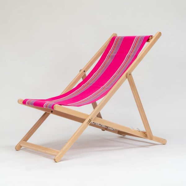 Beechwood Deckchair with Scuba fabric, pink, purple, lavender, blue, grey and orange stripes, viewed from an angle - created by Decks and Stipes Ireland