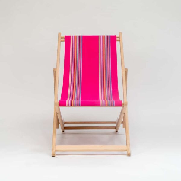 Beechwood Deckchair with Scuba fabric, pink, purple, lavender, blue, grey and orange stripes, viewed from the front - created by Decks and Stipes Ireland