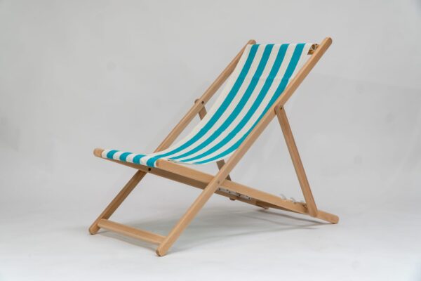 Beechwood Deckchair with Sennen Surfing fabric, turquoise and white stripes, viewed from an angle - created by Decks and Stipes Ireland