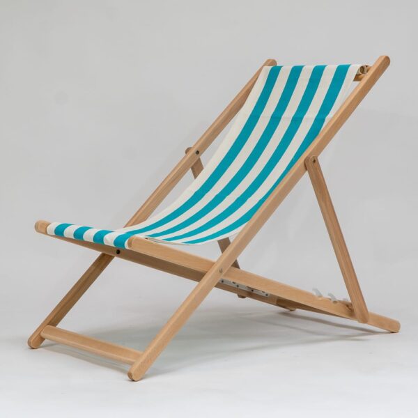 Beechwood Deckchair with Sennen Surfing fabric, turquoise and white stripes, viewed from an angle - created by Decks and Stipes Ireland