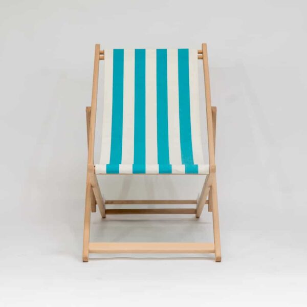 Beechwood Deckchair with Sennen Surfing fabric, turquoise and white stripes, viewed from the front - created by Decks and Stipes Ireland