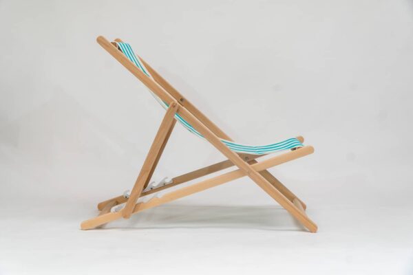 Beechwood Deckchair with Sennen Surfing fabric, turquoise and white stripes, viewed from the side - created by Decks and Stipes Ireland