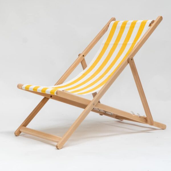 Beechwood Deckchair with Shot Put fabric, yellow & white stripes, viewed from an angle - created by Decks and Stipes Ireland