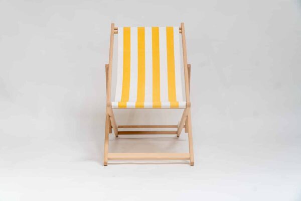 Beechwood Deckchair with Shot Put fabric, yellow & white stripes, viewed from from the front - created by Decks and Stipes Ireland