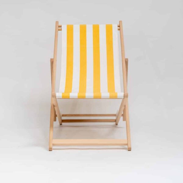 Beechwood Deckchair with Shot Put fabric, yellow & white stripes, viewed from from the front - created by Decks and Stipes Ireland