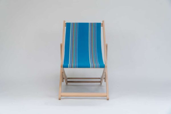 Beechwood Deckchair with Swimming fabric, blue, yellow, pink, orange, purple and green stripes, viewed from the front - created by Decks and Stipes Ireland