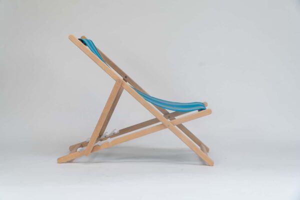 Beechwood Deckchair with Swimming fabric, blue, yellow, pink, orange, purple and green stripes, viewed from the side - created by Decks and Stipes Ireland