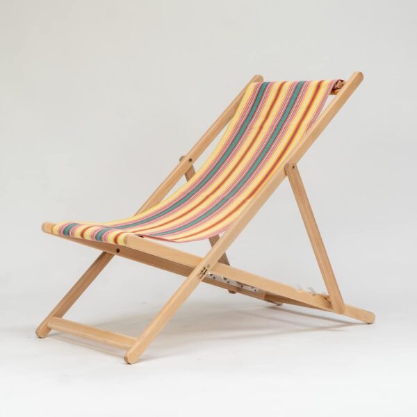 Beechwood Deckchair with Waltzing fabric, yellow, pink, green, lavendar and white stripes, viewed from at an angle - created by Decks and Stipes Ireland