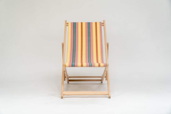 Beechwood Deckchair with Waltzing fabric, yellow, pink, green, lavendar and white stripes, viewed from the front - created by Decks and Stipes Ireland