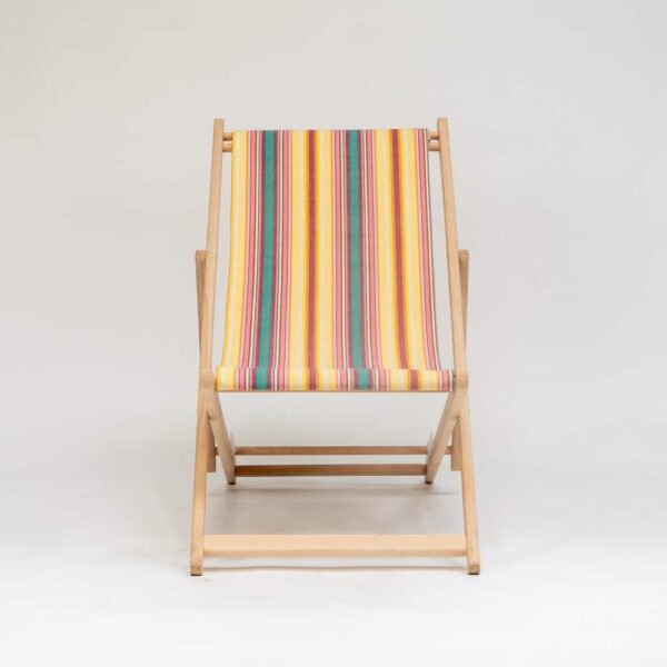 Beechwood Deckchair with Waltzing fabric, yellow, pink, green, lavendar and white stripes, viewed from the front - created by Decks and Stipes Ireland