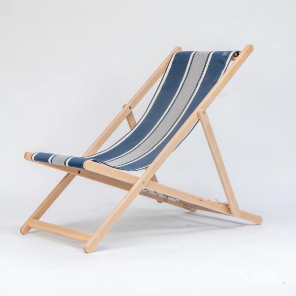 Beechwood Deckchair with Yvonne Denim fabric, denim and white stripes, viewed at an angle - created by Decks and Stipes Ireland