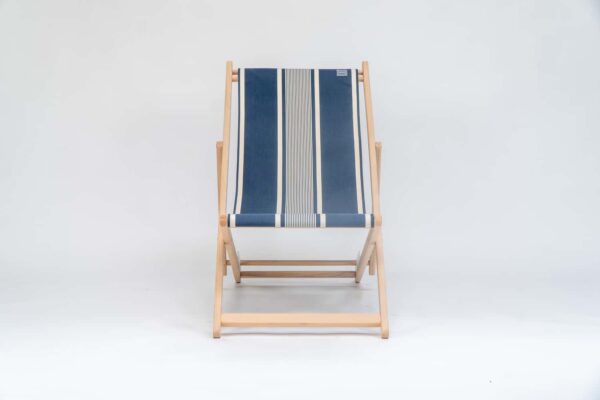 Beechwood Deckchair with Yvonne Denim fabric, denim and white stripes, viewed from the front - created by Decks and Stipes Ireland