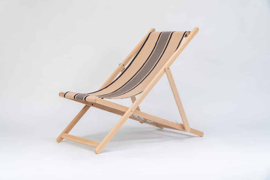 Beechwood Deckchair with Yvonne Ficelle Encre fabric, ink and cream stripes, viewed from an angle - created by Decks and Stipes Ireland