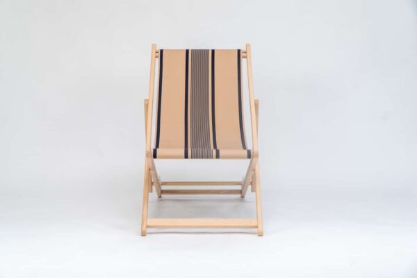 Beechwood Deckchair with Yvonne Ficelle Encre fabric, ink and cream stripes, viewed from the front - created by Decks and Stipes Ireland