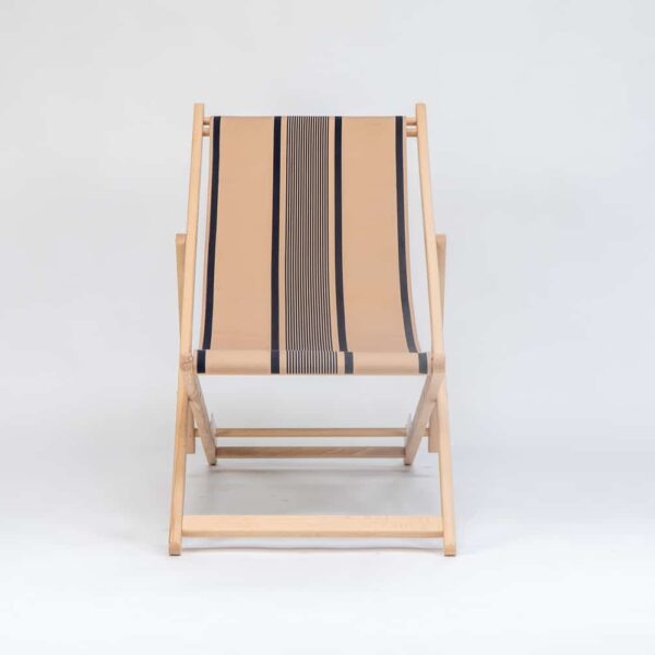 Beechwood Deckchair with Yvonne Ficelle Encre fabric, ink and cream stripes, viewed from the front - created by Decks and Stipes Ireland