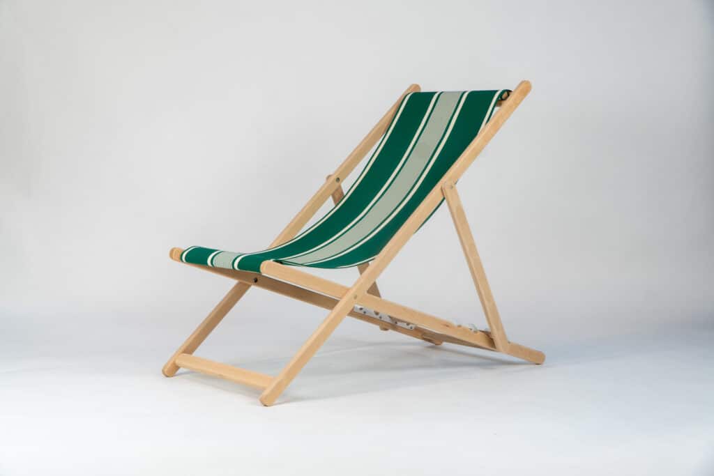 Beechwood Deckchair with Yvonne Vert fabric, green and cream stripes, viewed from an angle - created by Decks and Stipes Ireland