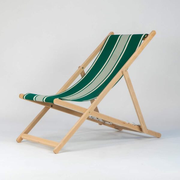 Beechwood Deckchair with Yvonne Vert fabric, green and cream stripes, viewed from an angle - created by Decks and Stipes Ireland