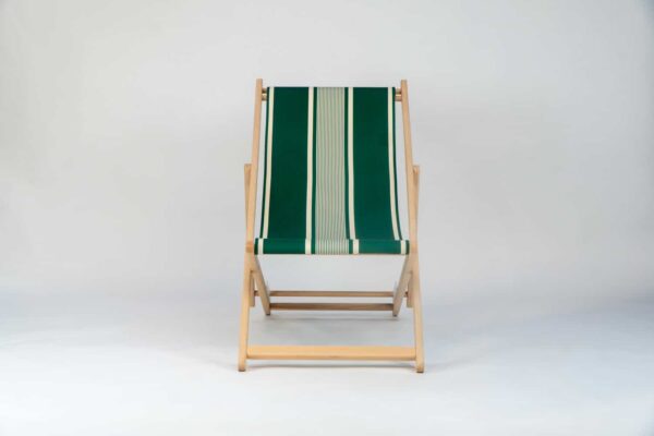 Beechwood Deckchair with Yvonne Vert fabric, green and cream stripes, viewed from the front - created by Decks and Stipes Ireland