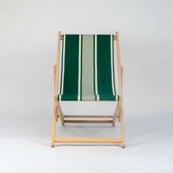 Beechwood Deckchair with Yvonne Vert fabric, green and cream stripes, viewed from the front - created by Decks and Stipes Ireland