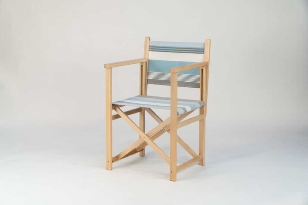 Beechwood Director's Chair with Belle-ile-en-Mer fabric, blue, grey and white stripes, viewed from the front - created by Decks and Stipes Ireland