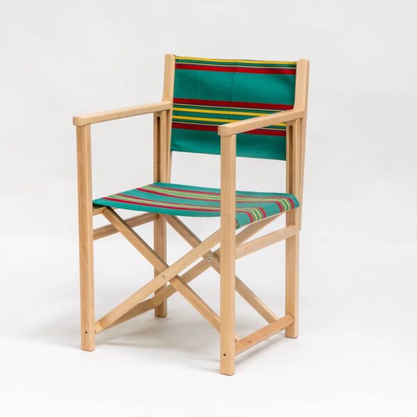 Beechwood Director's Chair with Birdwatching Fabric - red, yellow, jade, black and blue stripes, viewed at an angle - created by Decks and Stipes Ireland