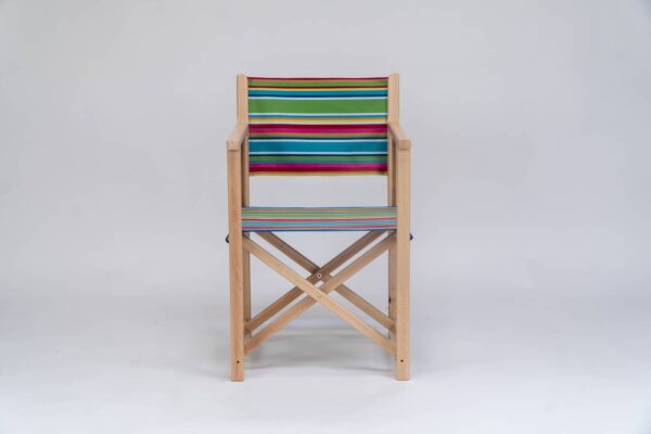 Beechwood Director's Chair with Climbing Fabric - blue, green, yellow, red, and pink stripes, viewed from the front - created by Decks and Stipes Ireland