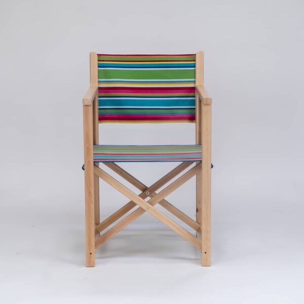 Beechwood Director's Chair with Climbing Fabric - blue, green, yellow, red, and pink stripes, viewed from the front - created by Decks and Stipes Ireland