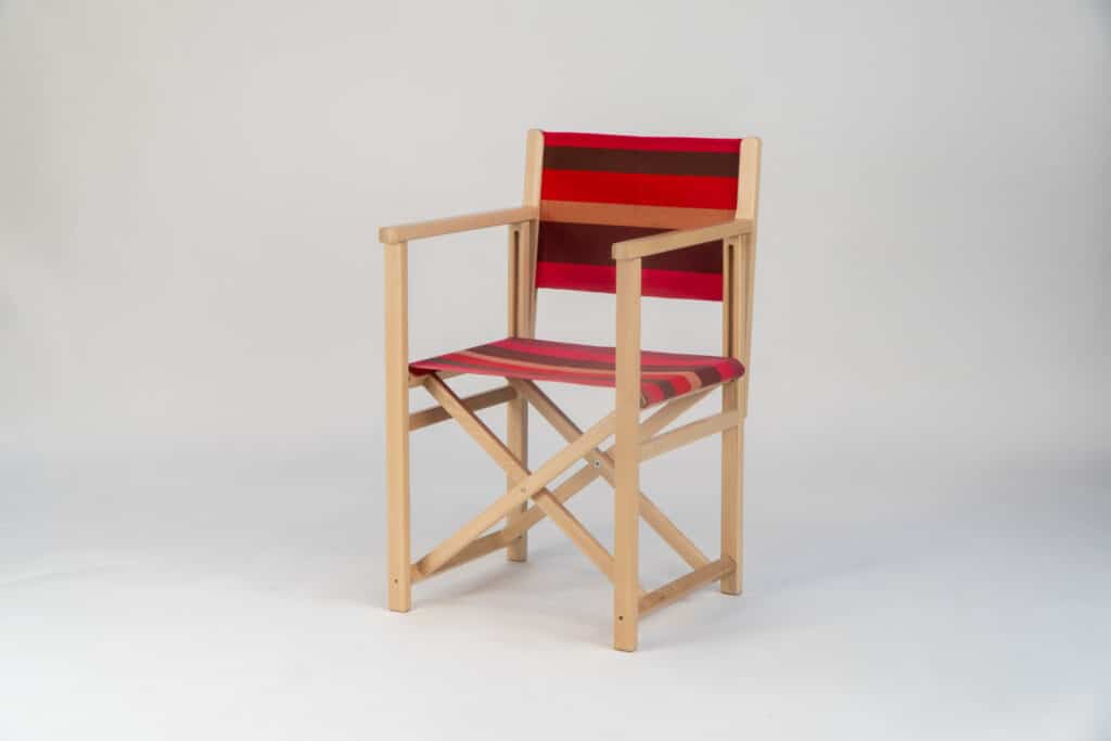 Beechwood Director's Chair with Cordoba fabric red, brown, black and grey stripes, viewed from an angle - created by Decks and Stipes Ireland