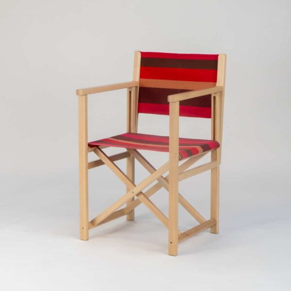 Beechwood Director's Chair with Cordoba fabric red, brown, black and grey stripes, viewed from an angle - created by Decks and Stipes Ireland